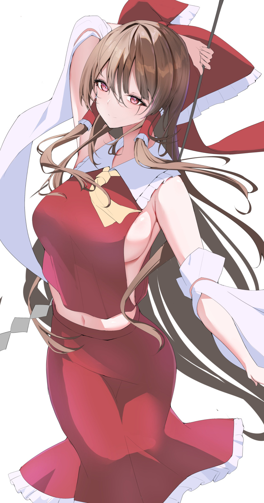 1girl 258n absurdres armpit_crease bow breasts brown_hair hair_bow hakurei_reimu highres holding holding_weapon japanese_clothes miko navel red_bow red_eyes red_shirt red_skirt shiny_skin shirt sideboob skirt smile solo touhou weapon
