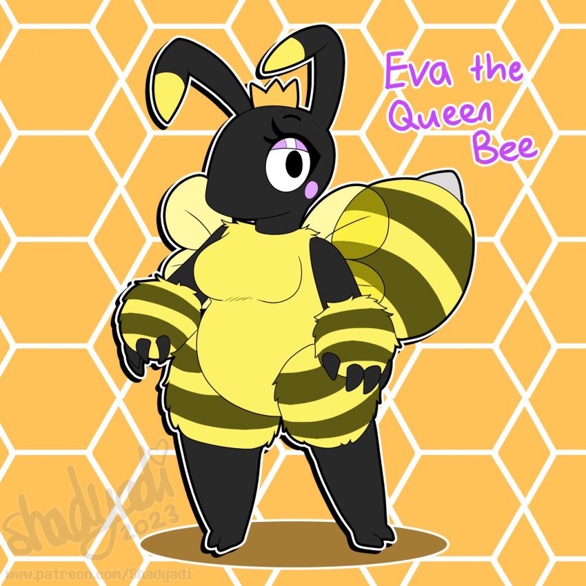 1:1 2023 2_toes 4_fingers 4_wings anthro arthropod artist_name bee biped black_arms black_body black_head black_legs breasts character_name cheek_spots chubby_anthro chubby_female crown english_text eva_the_queen_bee_(shadyadi) feet female fingers flat_colors fluffy fluffy_chest geometric_background hi_res honeycomb_background hymenopteran insect looking_at_viewer model_sheet mouthless multi_wing outline pink_eyelids queen_bee shadyadi simple_background solo striped_hands striped_legs text three-quarter_view toes translucent translucent_wings url watermark white_outline wings yellow_body yellow_chest yellow_legs