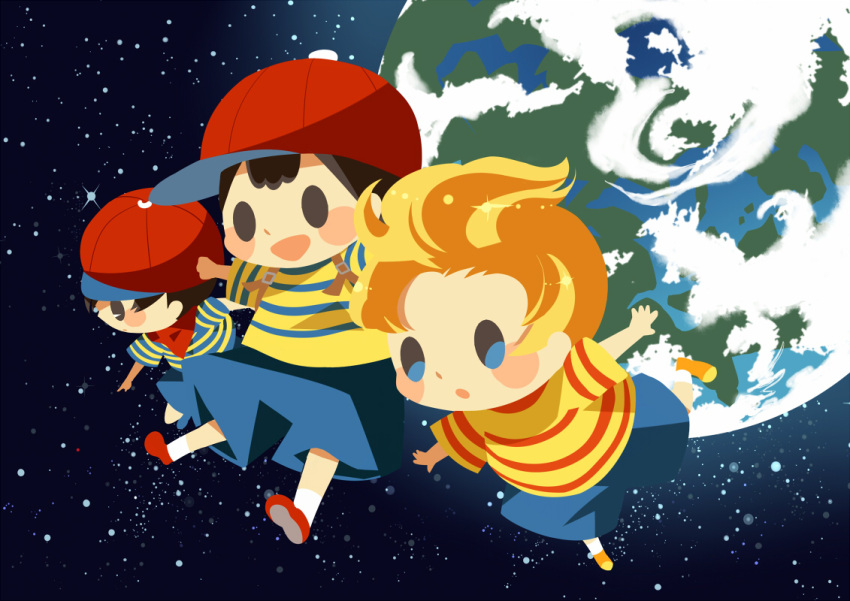 3boys backpack bag bandana bandana_around_neck baseball_cap black_hair blue_shorts blush_stickers earth_(planet) flying hat hitofutarai lucas_(mother_3) male_focus mother_(game) mother_1 mother_2 mother_3 multiple_boys ness_(mother_2) ninten planet red_bandana red_footwear red_headwear shirt shoes short_hair shorts socks solid_oval_eyes space star_(sky) striped striped_shirt white_socks yellow_footwear