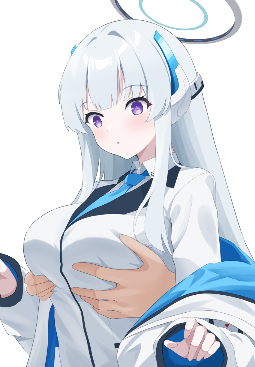 1girl 1other blue_archive blue_necktie blush collared_shirt grabbing grabbing_another's_breast grey_hair halo highres long_hair long_sleeves mechanical_halo necktie noa_(blue_archive) parted_lips purple_eyes raimu_(clanberry000) shirt simple_background solo_focus suit upper_body white_background white_shirt