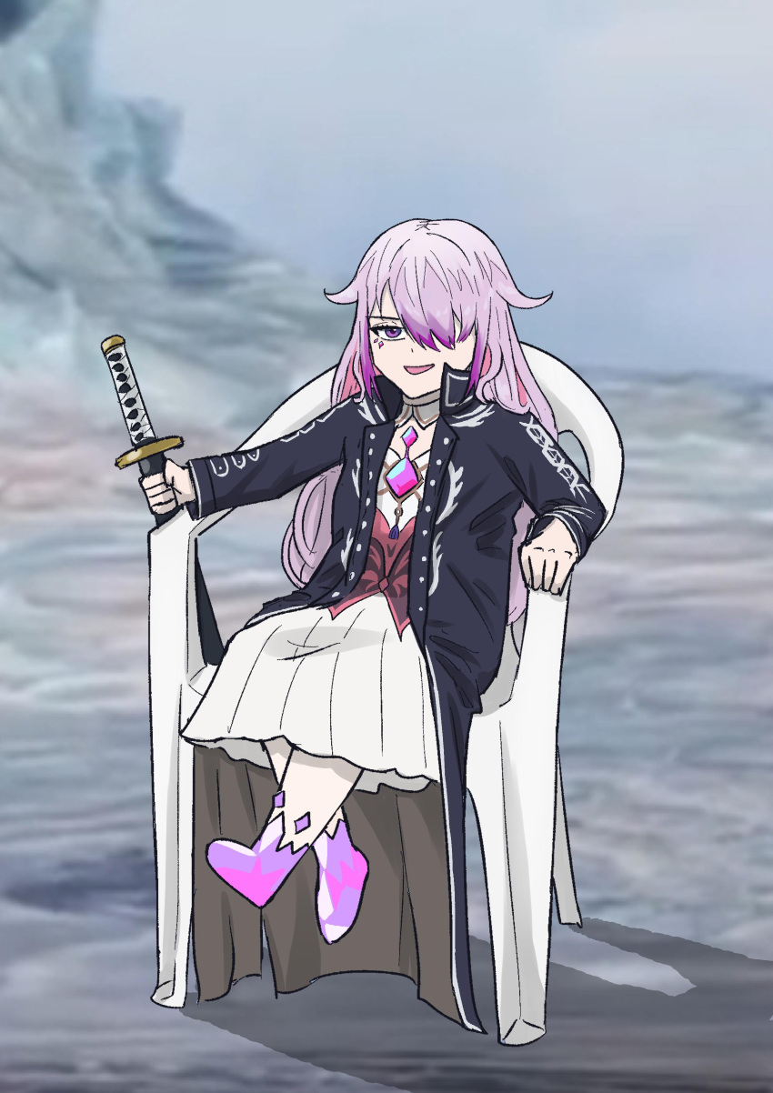 1girl absurdres alternate_costume black_jacket chair chest_jewel commentary devil_may_cry_(series) devil_may_cry_5 dunkemz english_commentary full_body gem gradient_hair grey_hair hair_over_one_eye highres holding holding_sword holding_weapon hololive hololive_english jacket koseki_bijou long_hair long_sleeves looking_at_viewer meme monobloc_(chair) multicolored_hair one_eye_covered open_mouth pink_hair purple_eyes purple_gemstone purple_hair sitting skirt smile solo sword vergil's_chair_(meme) very_long_hair virtual_youtuber weapon white_skirt