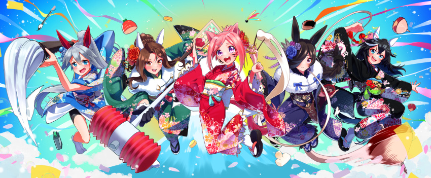 5girls absurdres alternate_costume alternate_hairstyle animal_ears arm_up arms_at_sides bike_shorts black_gloves black_hair black_kimono black_shorts blue_eyes blue_flower blue_kimono blue_rose blush bowl breast_hold breasts brown_hair calligraphy_brush cherry_blossoms chopsticks commentary_request crossed_bangs dagger ear_covers eating electricity fang floral_print flower food freely2327 full_body fur-trimmed_gloves fur-trimmed_kimono fur_trim gloves green_kimono grey_hair hair_bun hair_down hair_flower hair_ornament hair_over_one_eye hammer haru_urara_(first_urara_saku_sakura)_(umamusume) haru_urara_(umamusume) highres holding holding_chopsticks holding_hammer holding_string horse_ears horse_girl horse_tail ink japanese_clothes katsuragi_ace_(umamusume) kimono king_halo_(umamusume) knife long_braid long_hair long_sleeves looking_at_viewer looking_back mochi multiple_girls new_year obi official_alternate_costume official_alternate_hairstyle okobo open_mouth orange_eyes outstretched_arm oversized_object paintbrush petals pink_hair ponytail purple_eyes rice_shower_(umamusume) rose round_teeth sandals sash sheath sheathed shorts small_breasts smile socks speed_lines spinning_top string tabi tail tamamo_cross_(umamusume) teeth toy_hammer umamusume upper_teeth_only v-shaped_eyebrows weapon white_socks wide_sleeves zouri