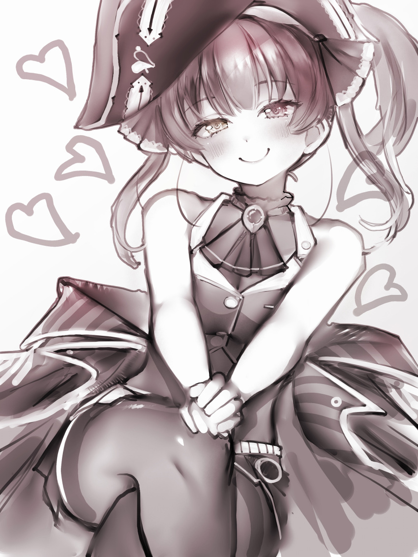 1girl absurdres ascot bare_arms bare_shoulders bicorne blush brooch crossed_legs hands_on_own_knee hat heart heterochromia highres hololive houshou_marine jewelry long_hair looking_at_viewer monochrome nanashi_(nlo) simple_background sleeveless smile solo thighhighs twintails virtual_youtuber