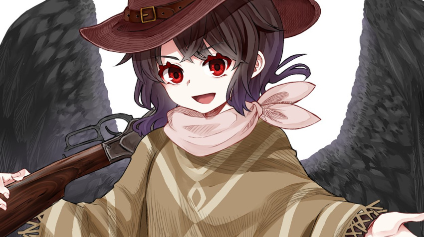 1girl :d bandana black_hair black_wings brown_poncho cowboy_hat cowboy_western feathered_wings gun hat lever_action long_hair open_mouth pegasus_wings pink_bandana poncho red_eyes shotgun simple_background smile solo touhou upper_body weapon white_background winchester_model_1873 wings zetsumame