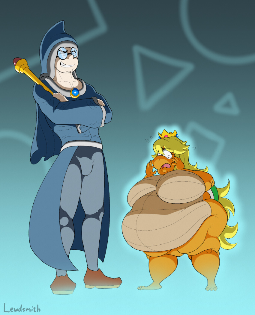 2022 after_transformation anthro artist_name barefoot belly belly_expansion blonde_hair breast_expansion breasts chubby_female crossed_arms duo evil_grin expansion eyewear feet female forced forced_transformation glasses hair height_reduction hi_res human kamek koopa koopa_troopa lewdsmith long_hair magic_staff male mammal mario_bros nintendo princess_peach scalie shell short_stack size_difference smile species_transformation standing transformation turtle_shell weight_gain