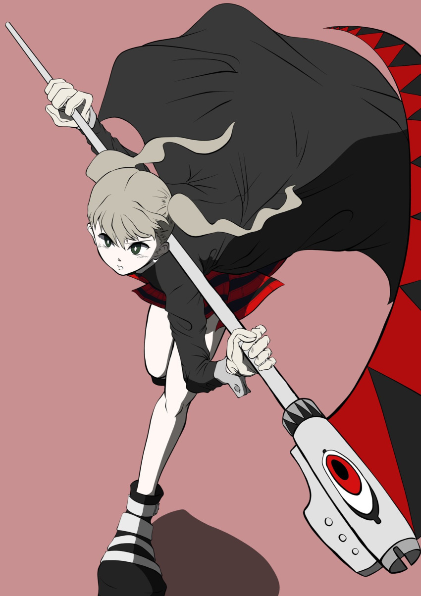 1girl blonde_hair closed_mouth full_body green_eyes green_necktie highres holding holding_scythe lizard_shop long_hair long_sleeves looking_at_viewer maka_albarn necktie plaid plaid_skirt pleated_skirt scythe simple_background skirt solo soul_eater striped_necktie twintails