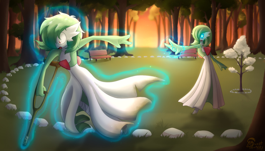 bandage crutch duo duo_focus female forest forest_background gardevoir generation_3_pokemon group hair hi_res humanoid medical_instrument messy_hair nature nature_background nintendo plant pokemon pokemon_(species) pokemon_mystery_dungeon psychic scientific_instrument sweet_mintality tattoo telekinesis tree