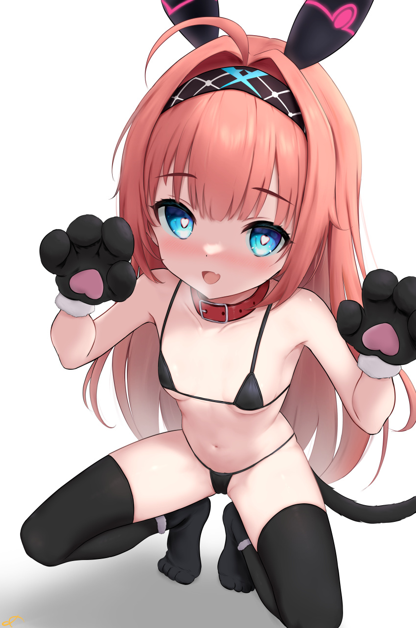 1girl absurdres ahoge animal_collar animal_ears animal_hands bare_arms bare_shoulders bikini black_bikini black_footwear black_gloves black_thighhighs blue_eyes blush breasts breath bright_pupils cameltoe cat_tail claw_pose collar collarbone fang from_above gloves hair_intakes hairband hands_up heart heart-shaped_pupils highres jia_wenyuan lishenna_omen_of_destruction long_hair looking_at_viewer looking_up micro_bikini navel nose_blush open_mouth paw_gloves paw_shoes red_collar red_hair shadow shadowverse simple_background skin_fang small_breasts smile solo squatting straight_hair string_bikini swimsuit symbol-shaped_pupils tail thighhighs white_background white_pupils