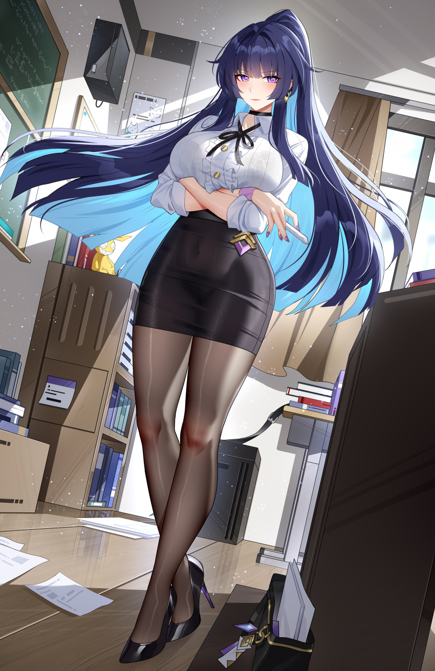 1girl absurdres benghuai_xueyuan black_footwear black_pantyhose black_skirt blue_hair blush breasts chinese_commentary closed_mouth colored_inner_hair commentary covered_navel crossed_arms full_body high_heels highres honkai_(series) honkai_impact_3rd indoors large_breasts long_hair long_sleeves looking_at_viewer multicolored_hair nail_polish pantyhose paper purple_nails raiden_mei shirt skirt solo standing thighs white_shirt window wu_ganlan_cai