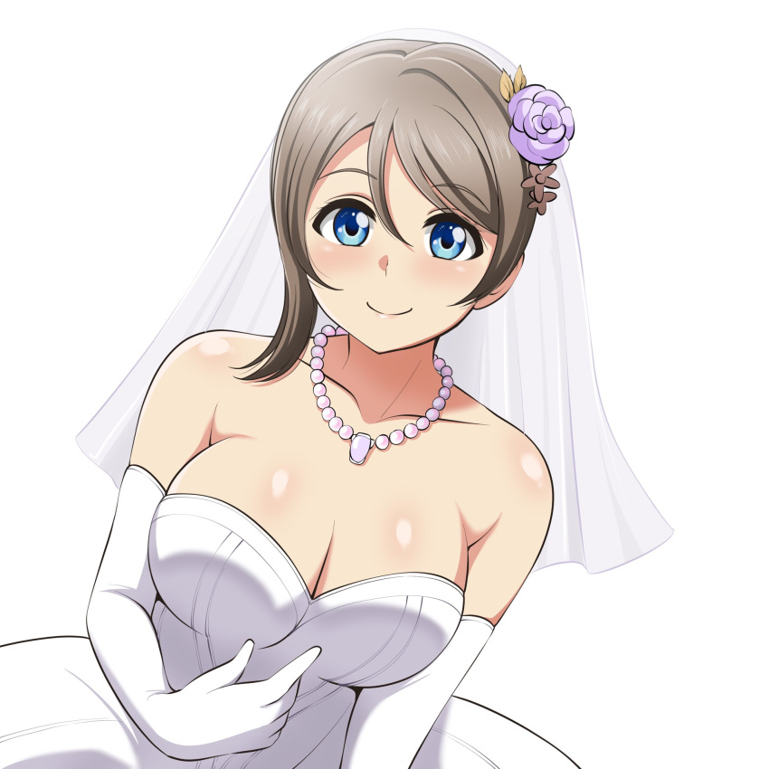 1girl alternate_hairstyle barkhorn0331 blue_eyes blush breasts brown_hair cleavage commentary_request dress highres jewelry love_live! love_live!_sunshine!! necklace short_hair simple_background smile solo watanabe_you wedding wedding_dress