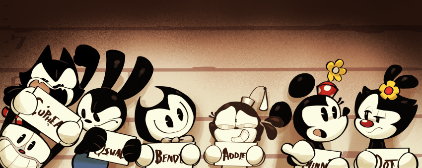 absurd_res adeline_(out_o'_the_inkwell) animaniacs anthro bendy_and_the_ink_machine bendy_the_dancing_demon cc-by-nc clothing creative_commons cuphead_(character) cuphead_(game) demon disney domestic_cat dot_warner dynamo_toon felid feline felis felix_the_cat felix_the_cat_(series) female flower gloves group handwear hi_res inkblot lagomorph leporid male mammal minnie_mouse mouse murid murine open_mouth oswald_the_lucky_rabbit out_o'_the_inkwell plant rabbit rodent smile toony warner_brothers