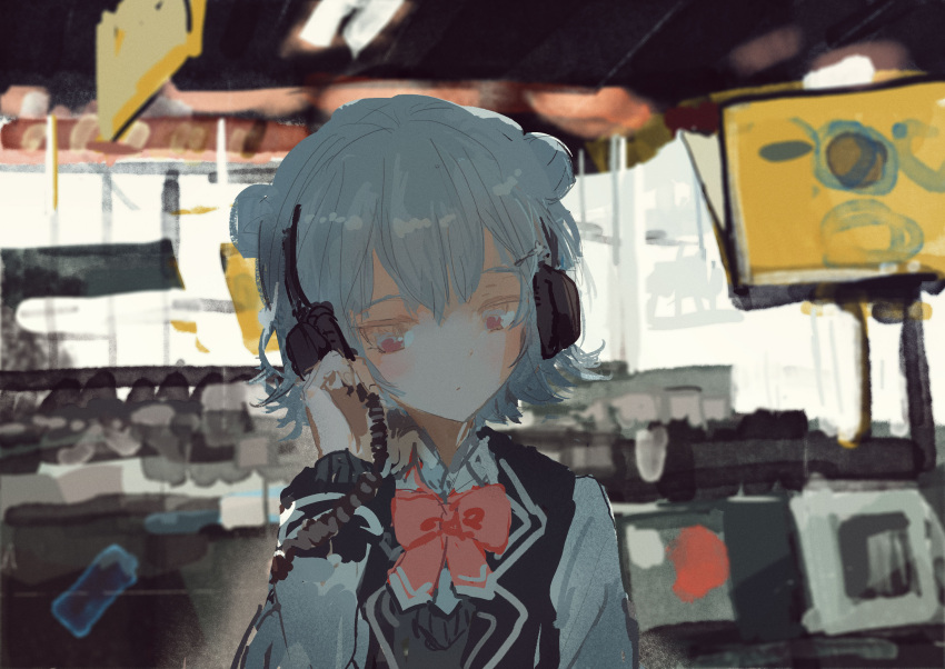 1girl audio_cable black_jacket blazer blurry blurry_background blush bow bowtie cevio closed_mouth commentary_request double_bun flipped_hair grey_hair hair_bun hair_ornament hairclip hand_on_headphones hand_up headphones highres indoors jacket kabuyama_kaigi koharu_rikka listening_to_music looking_at_viewer multicolored_clothes multicolored_jacket open_clothes open_jacket pink_bow pink_bowtie purple_eyes record_store shop short_hair solo synthesizer_v two-tone_jacket upper_body white_jacket