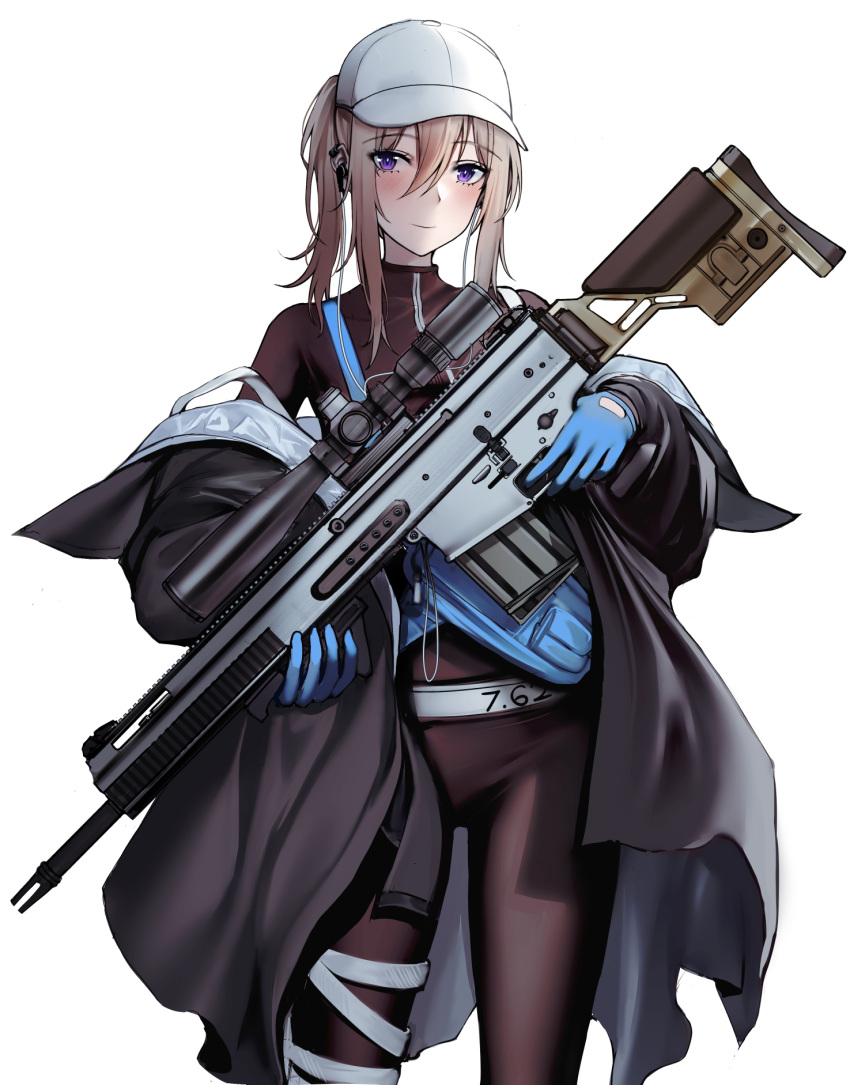 1girl baseball_cap blonde_hair blue_gloves blush closed_mouth cowboy_shot girls'_frontline gloves gun hat highres holding holding_gun holding_weapon kitsune_udon_(ai_br) looking_at_viewer medium_hair purple_eyes rifle scar-h_(girls'_frontline) simple_background sniper_rifle solo standing turtleneck_bodysuit weapon white_background white_headwear