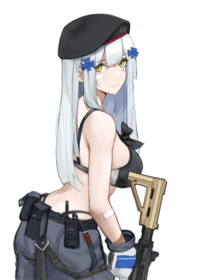 1girl absurdres assault_rifle bandaid bandaid_on_cheek bandaid_on_face beret black_headwear black_pants bra breasts coteri girls'_frontline gloves green_eyes grey_hair gun h&amp;k_hk416 hat highres hk416_(girls'_frontline) holding holding_gun holding_weapon long_hair looking_at_viewer pants rifle solo teardrop_facial_mark teardrop_tattoo underwear walkie-talkie weapon white_background