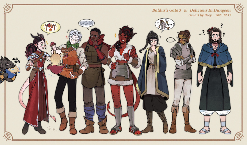 ... 4boys 4girls ? abingbeey absurdres armor astarion baldur's_gate baldur's_gate_3 chibi chilchuck_tims chilchuck_tims_(cosplay) colored_skin cosplay crop_top crossdressing demon_girl demon_horns dungeon_meshi dungeons_and_dragons falin_thorden falin_thorden_(cosplay) fur_trim gale_(baldur's_gate) gith_(dungeons_and_dragons) green_skin highres horns izutsumi izutsumi_(cosplay) karlach lae'zel laios_thorden laios_thorden_(cosplay) marcille_donato marcille_donato_(cosplay) multiple_boys multiple_girls red_skin scarf senshi_(dungeon_meshi) senshi_(dungeon_meshi)_(cosplay) shadowheart_(baldur's_gate) spoken_ellipsis standing tav_(baldur's_gate_3) tiefling us_(baldur's_gate) white_hair wyll_(baldur's_gate)