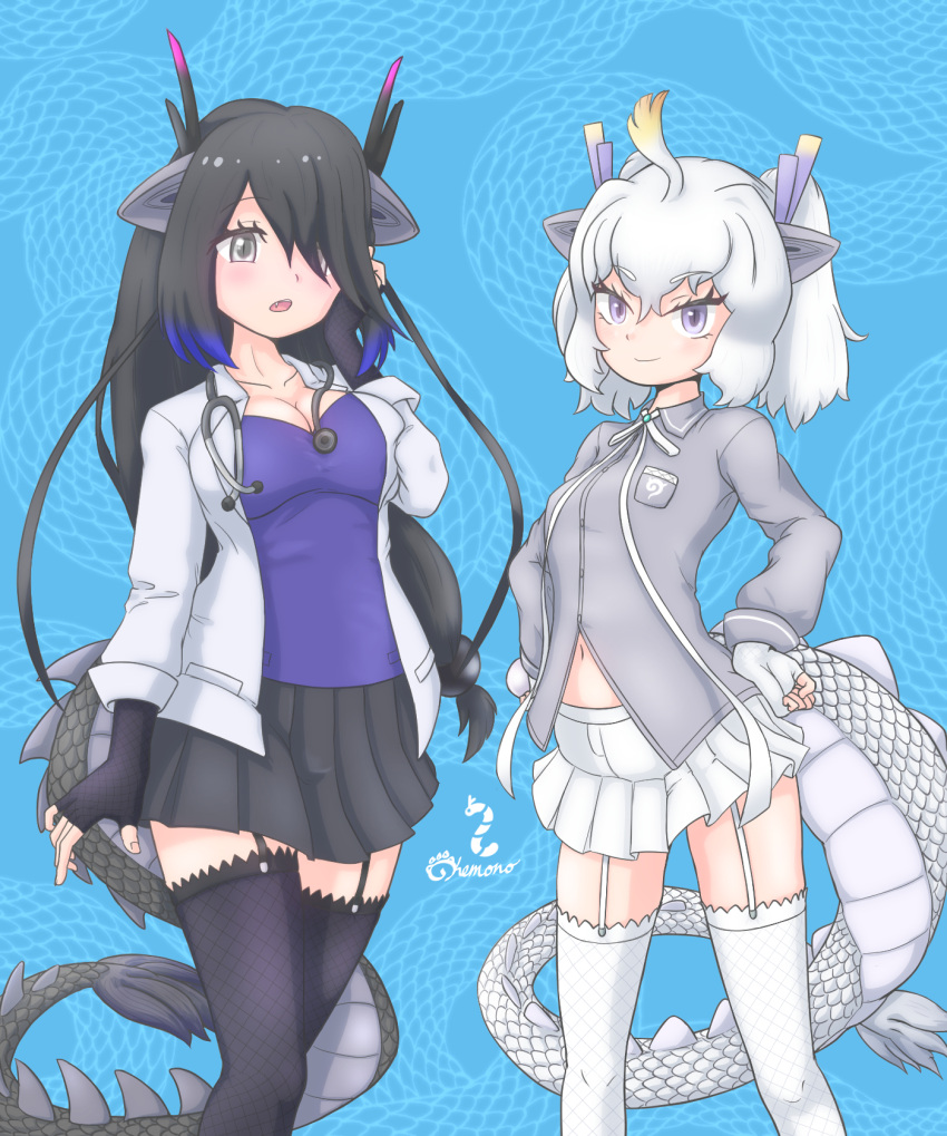 2girls black_dragon_(kemono_friends) black_gloves black_hair black_thighhighs blue_hair blue_shirt breast_pocket coat collared_shirt cowboy_shot dragon_ears dragon_girl dragon_horns dragon_tail elbow_gloves fingerless_gloves garter_straps gloves grey_eyes grey_shirt hair_between_eyes hair_over_one_eye hands_on_own_hips highres horns japari_symbol kemono_friends kemono_friends_3 lab_coat long_hair long_sleeves midriff_peek multicolored_hair multiple_girls navel nokemono-san_(bocchi_friend) open_clothes open_coat pleated_skirt pocket shirt short_hair sidelocks skirt stethoscope tail thighhighs white_coat white_dragon_(kemono_friends) white_gloves white_hair white_skirt white_thighhighs zettai_ryouiki