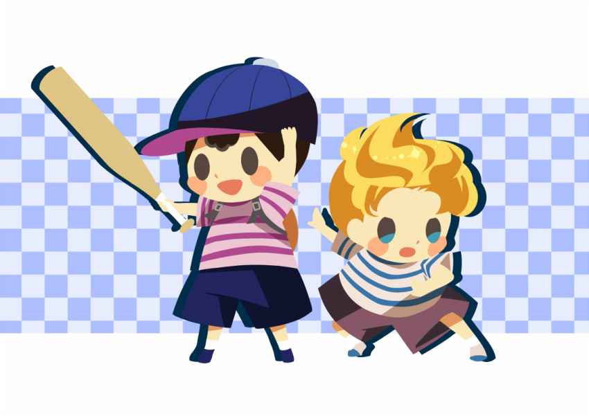 2boys alternate_color backpack bag black_hair blonde_hair blue_footwear blue_headwear blue_shorts blush_stickers fighting_stance full_body grey_shorts hitofutarai lucas_(mother_3) male_focus mother_(game) mother_2 mother_3 multiple_boys ness_(mother_2) open_mouth player_2 purple_shirt shirt short_hair short_sleeves shorts socks solid_oval_eyes standing striped striped_shirt white_socks