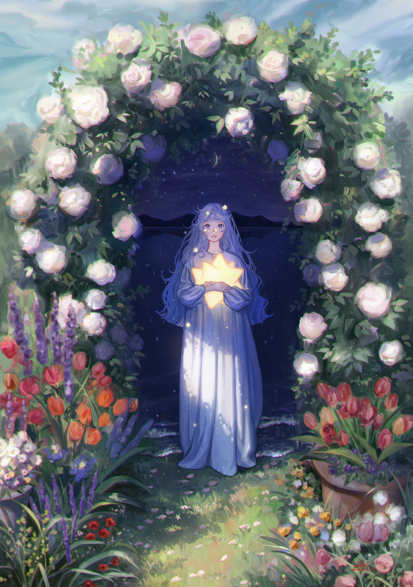 1girl absurdres aki_a0623 artist_name blue_eyes blue_hair blue_sky blurry cloud commentary_request crescent_moon crossed_arms day day_and_night depth_of_field dress flower flower_pot gown grass highres holding leaf long_hair long_sleeves looking_at_viewer moon mountainous_horizon night night_sky nightgown orange_flower original outdoors parted_lips petals pink_flower plant portal_(object) potted_plant purple_flower red_flower rose scenery shore sky solo standing star_(sky) star_(symbol) starry_sky straight-on water white_dress white_flower white_rose wide_shot yellow_flower