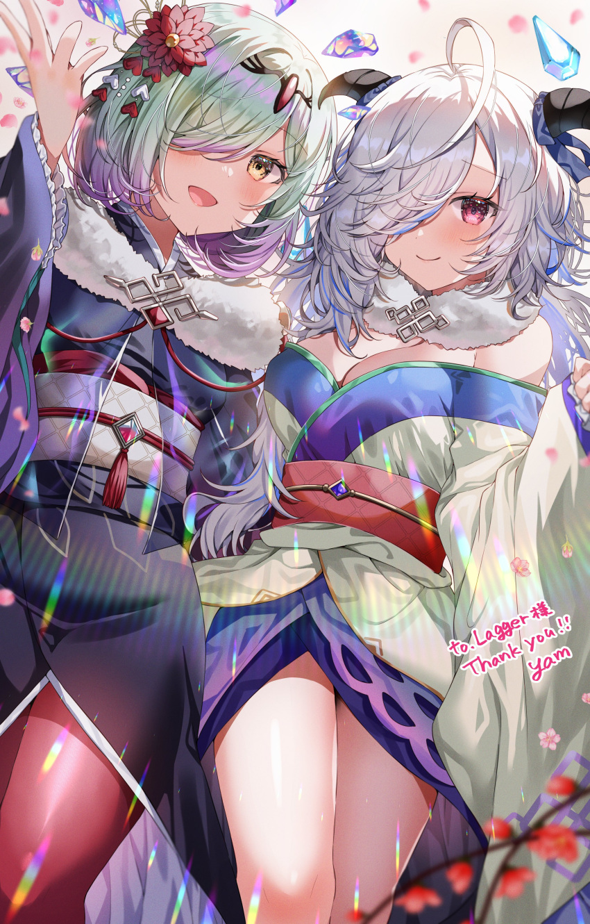 2girls absurdres ahoge alternate_costume breasts cleavage commentary_request crystal eitr_(fire_emblem) fire_emblem fire_emblem_heroes flower goat_horns hair_flower hair_ornament hair_over_one_eye highres horns japanese_clothes kimono kvasir_(fire_emblem) kvasir_(unknown_future)_(fire_emblem) leggings medium_breasts multiple_girls official_alternate_costume red_leggings short_hair signature yam_(yamap_mako)