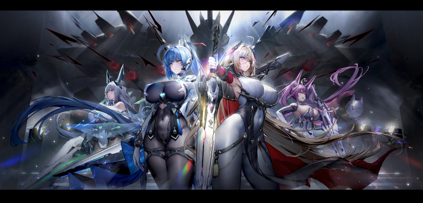 4girls absurdly_long_hair absurdres black_bodysuit blonde_hair blue_hair bodysuit breasts clothing_cutout covered_navel covered_nipples cowboy_shot crosscore gloves grey_hair headgear highres holding holding_sword holding_weapon huge_breasts huge_weapon impossible_bodysuit impossible_clothes large_breasts long_hair multiple_girls navel_cutout purple_eyes purple_hair red_eyes science_fiction sword thigh_strap translation_request very_long_hair weapon white_bodysuit white_gloves yellow_eyes zer_z2