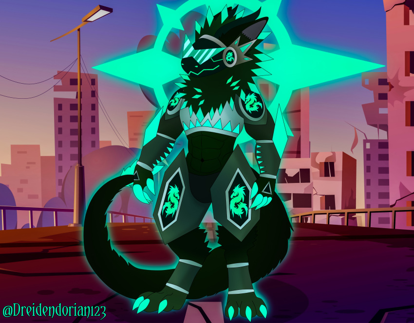 absurd_res alien background_character cybernetics cyborg dreiden dreiden_dorian fluffy furry_transformation green_background hi_res machine male protogen protogen_armor protogen_face simple_background solo transformation