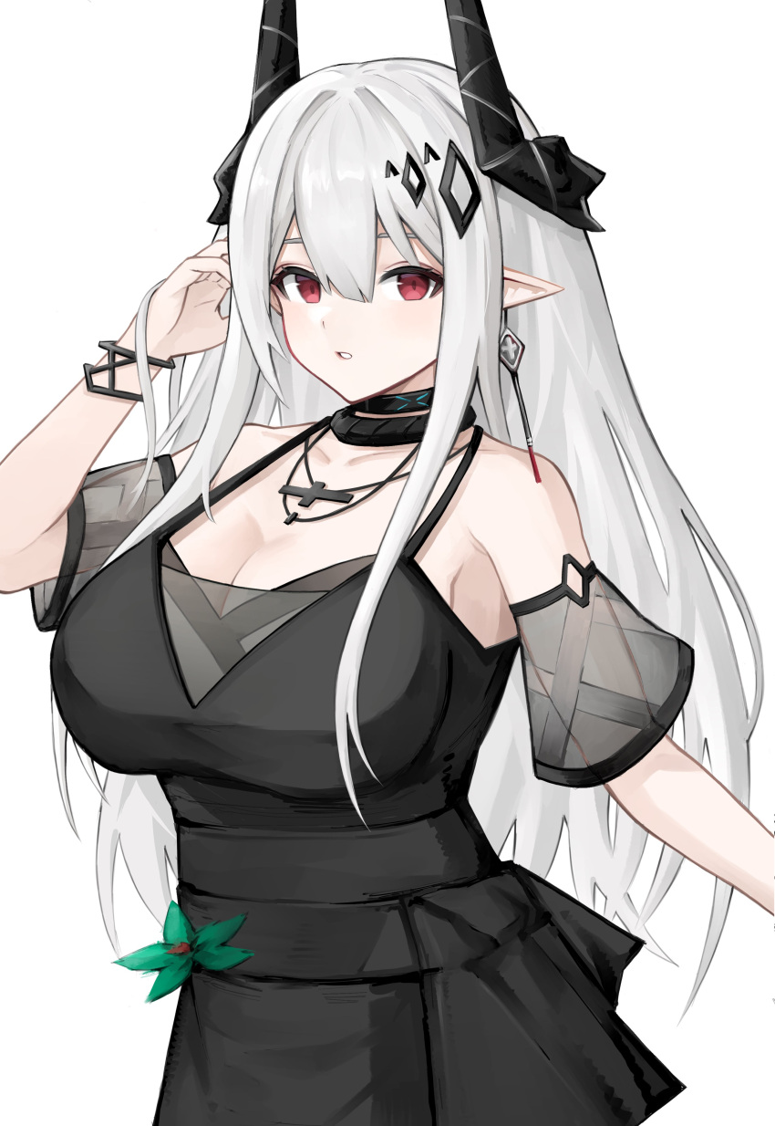 1girl absurdres arknights black_dress breasts cleavage cross cross_necklace dress flower highres horns infection_monitor_(arknights) jewelry large_breasts long_hair mudrock_(arknights) mudrock_(obsidian)_(arknights) necklace pointy_ears rain_(rain8649) red_eyes white_background white_hair