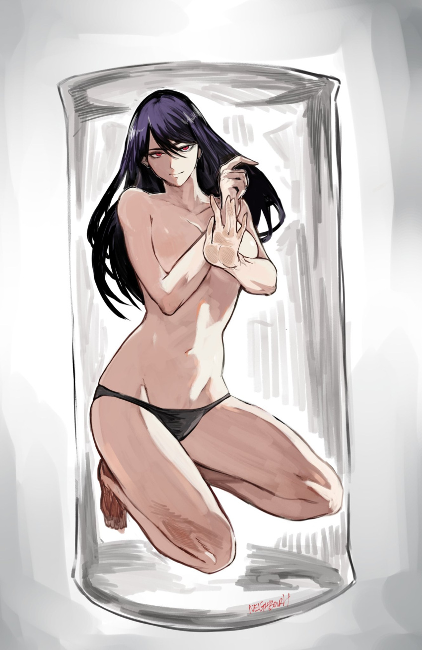 1girl bangs bare_legs barefoot black_panties breasts closed_mouth collarbone groin highres in_jar kamishiro_rize large_breasts long_hair navel no_eyewear panties purple_hair red_eyes shiny_hair smile solo tokyo_ghoul topless underwear yourfreakyneighbourh