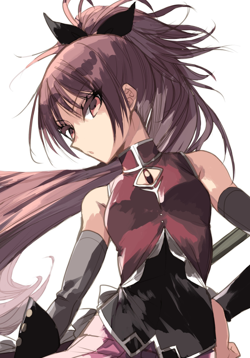 1girl bare_shoulders black_ribbon breasts collared_vest dress elbow_gloves gloves grey_gloves hair_ribbon highres holding holding_polearm holding_weapon looking_at_viewer magical_girl mahou_shoujo_madoka_magica mahou_shoujo_madoka_magica_(anime) misteor parted_bangs pink_gloves polearm ponytail red_dress red_eyes red_hair red_vest ribbon sakura_kyoko sidelocks simple_background small_breasts soul_gem tsurime vest weapon