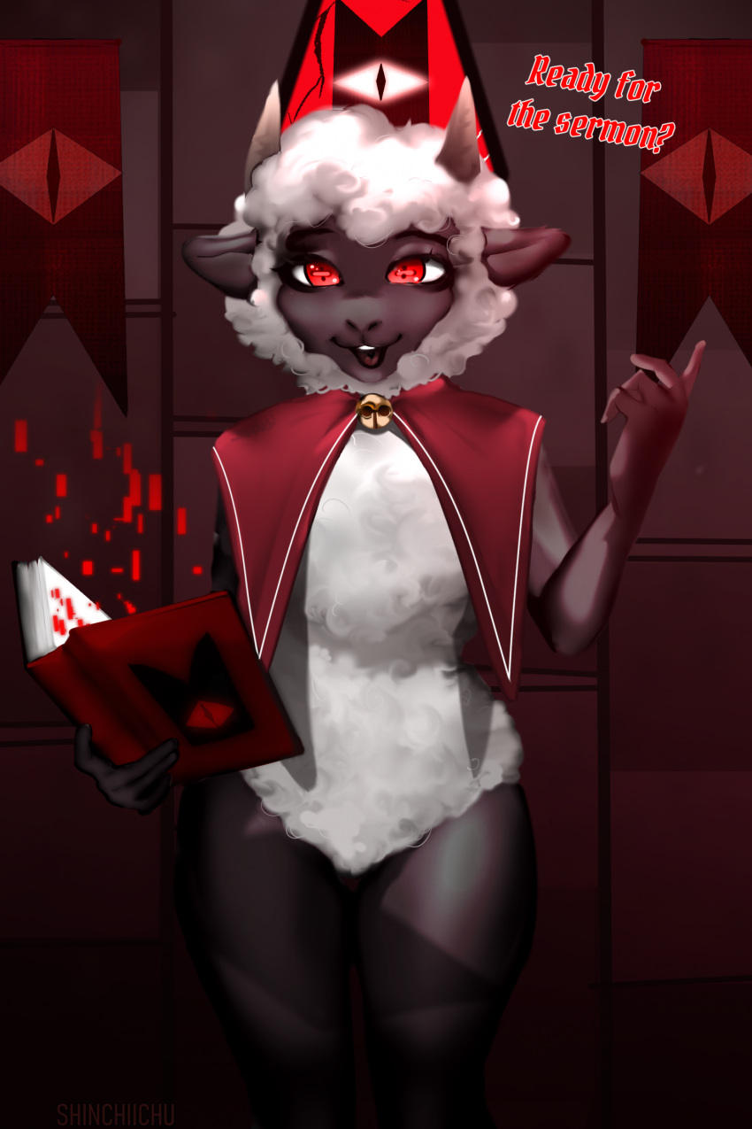 ambiguous_gender anthro black_body book bovid cape caprine clothing cult_of_the_lamb dialogue domestic_sheep fur hi_res horn lamb_(cult_of_the_lamb) looking_at_viewer magic mammal mostly_nude red-eyes red_crown_(cult_of_the_lamb) ritual sheep shinchiichu solo spellbook white_body white_fur wool_(fur)