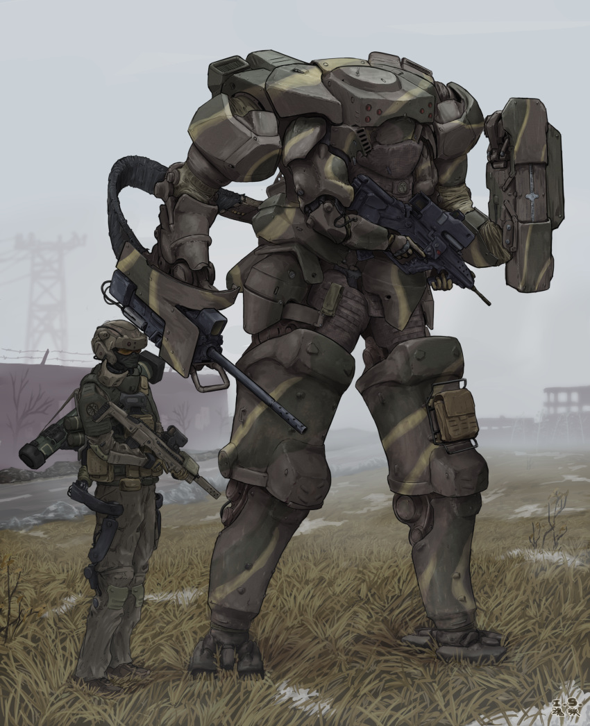 1boy armor assault_rifle bullpup fgm-148_javelin fn_f2000 gun highres ironsouls mecha military military_uniform original power_armor power_suit rifle robot science_fiction solo uniform weapon