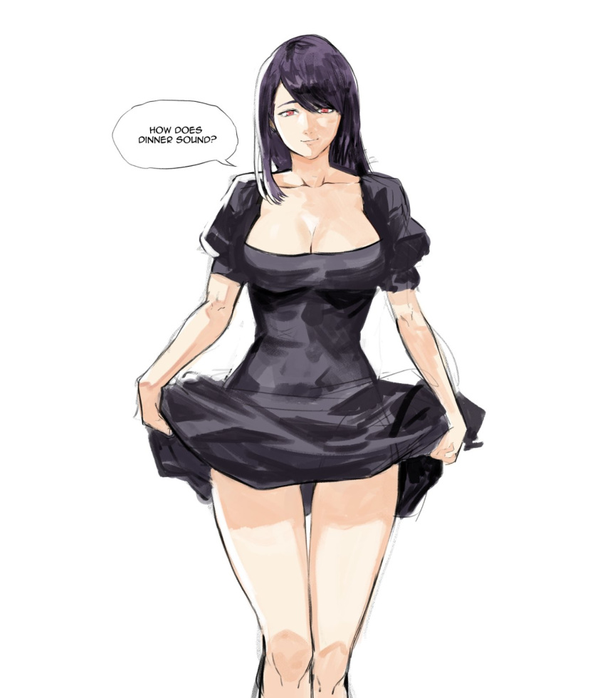 1girl bangs black_dress breasts cleavage clothes_lift dress dress_lift english_text feet_out_of_frame highres kamishiro_rize large_breasts long_hair looking_at_viewer puffy_short_sleeves puffy_sleeves red_eyes shiny_hair short_sleeves simple_background smile solo speech_bubble tokyo_ghoul white_background yourfreakyneighbourh