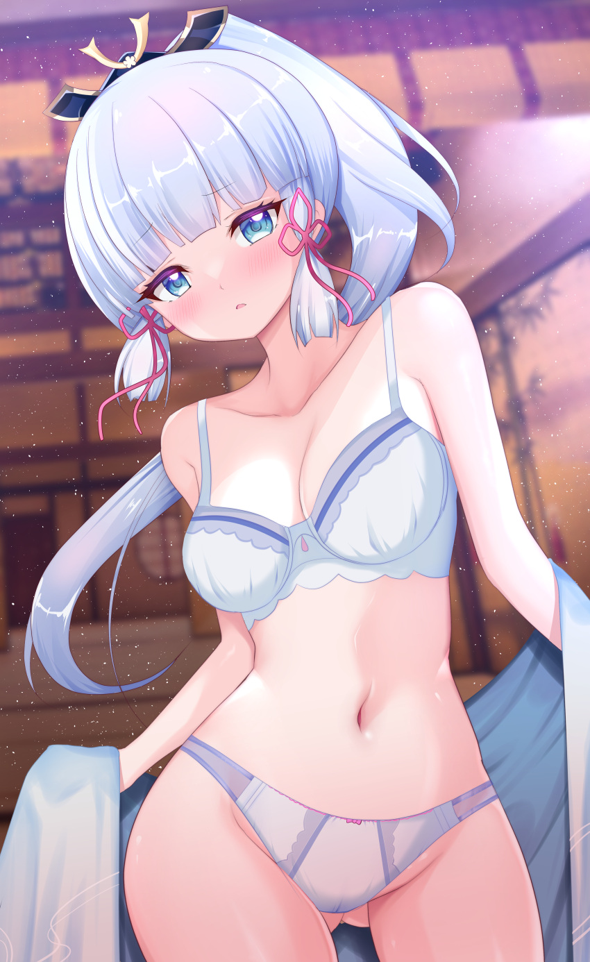 1girl absurdres ass_visible_through_thighs blue_eyes blue_hair blurry blurry_background blush bow bow_panties bra breasts cameltoe collarbone cowboy_shot genshin_impact hair_ornament highres kamisato_ayaka long_hair navel panties pink_bow ponytail small_breasts solo teec underwear white_bra white_panties