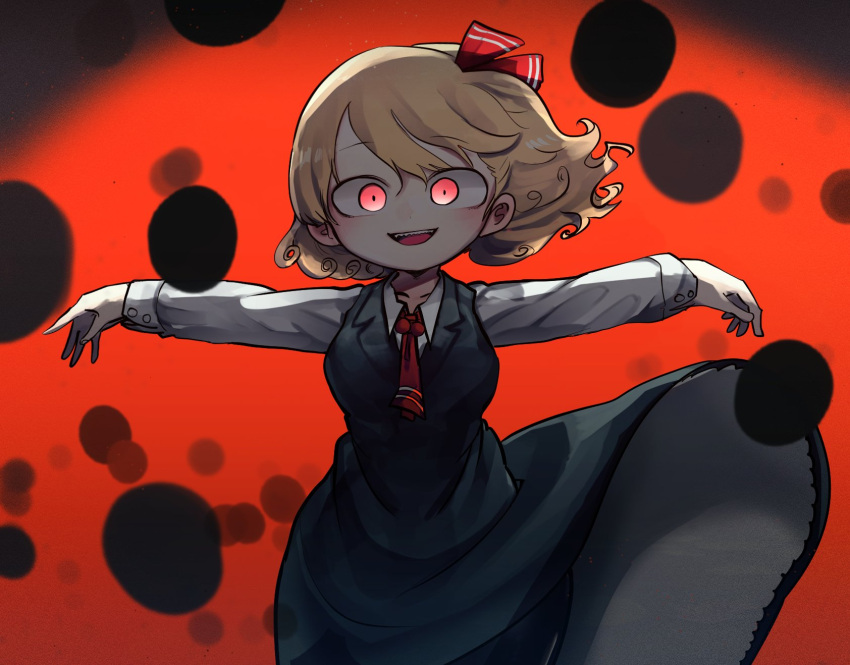 1girl ascot blonde_hair breasts collared_shirt darkness hair_ribbon highres long_sleeves medium_breasts open_mouth outstretched_arms piaki red_ascot red_eyes red_ribbon ribbon rumia shirt short_hair smile solo spread_arms touhou white_shirt