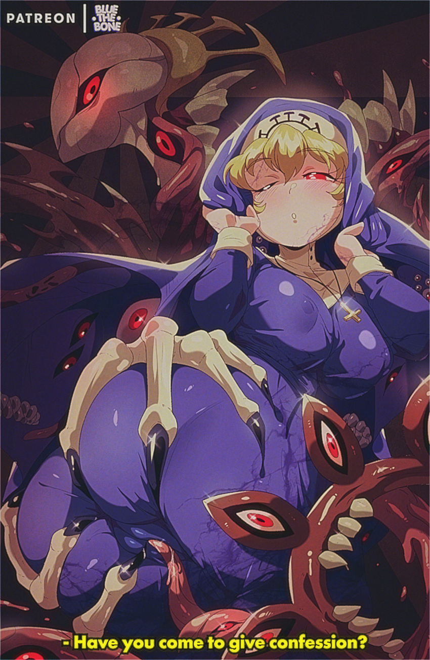 1girl blonde_hair bluethebone breasts cameltoe coif covered_nipples cross cross_necklace double_(skullgirls) dress english_commentary habit highres impossible_clothes impossible_dress inverted_cross_necklace jewelry large_breasts monster necklace nun one_eye_closed red_eyes skullgirls solo tentacles
