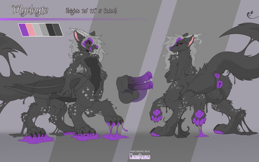 dragon goo_creature grey_body herm hi_res horn intersex looking_at_viewer membrane_(anatomy) membranous_wings minze model_sheet mydnyte pawpads purple_pawpads quadruped simple_background solo tail taur tongue tongue_out wings