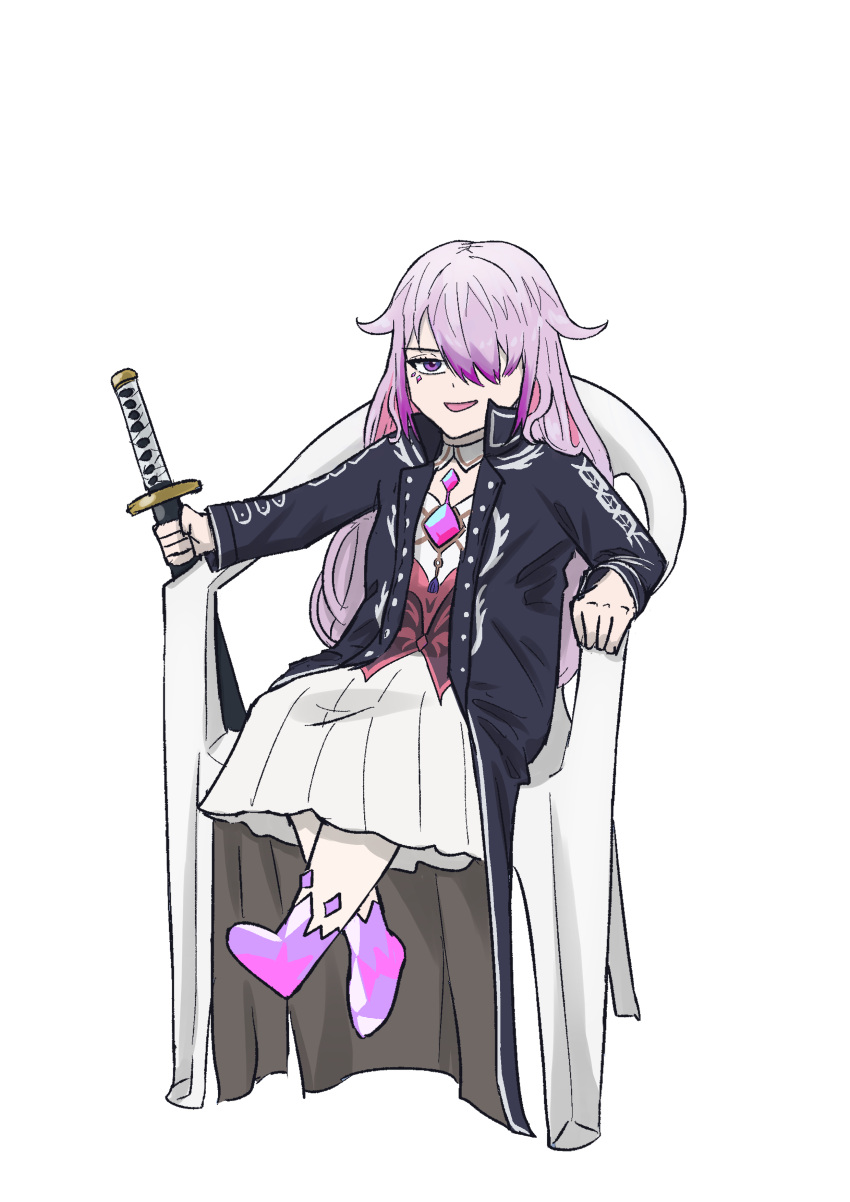 1girl absurdres alternate_costume black_jacket chair chest_jewel devil_may_cry_(series) devil_may_cry_5 dunkemz full_body gem gradient_hair grey_hair hair_over_one_eye highres holding holding_sword holding_weapon hololive hololive_english jacket koseki_bijou long_hair long_sleeves looking_at_viewer meme monobloc_(chair) multicolored_hair one_eye_covered open_mouth pink_hair purple_eyes purple_gemstone purple_hair simple_background sitting skirt smile solo sword vergil's_chair_(meme) very_long_hair virtual_youtuber weapon white_background white_skirt