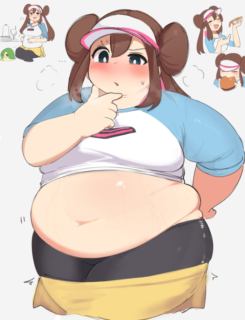 ... 1girl absurdres alternate_body_size blue_eyes blush breasts brown_hair burger cowboy_shot cropped_legs double_bun eating fat food hair_between_eyes hair_bun highres large_breasts long_hair looking_at_viewer muffin_top navel nimo_(b45ui) open_mouth pantyhose parted_lips pokemon pokemon_bw2 puff_of_air rosa_(pokemon) simple_background thick_arms thick_thighs thighs twintails upper_body visor_cap