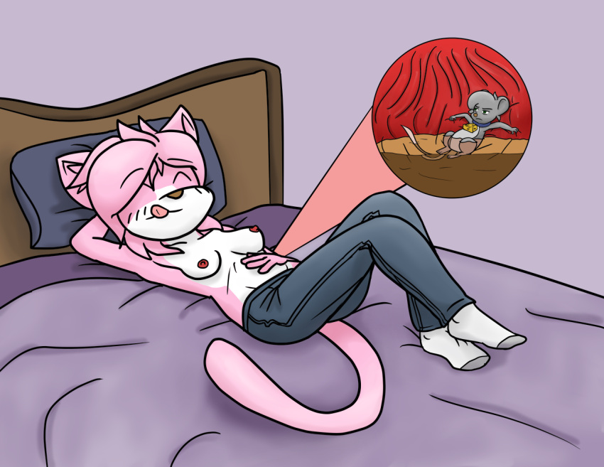 aeris_(vg_cats) anthro bodily_fluids clothed clothing damnpinkcat duo female inside_stomach leo_(vg_cats) male male/female stomach_acid topless vg_cats vore webcomic