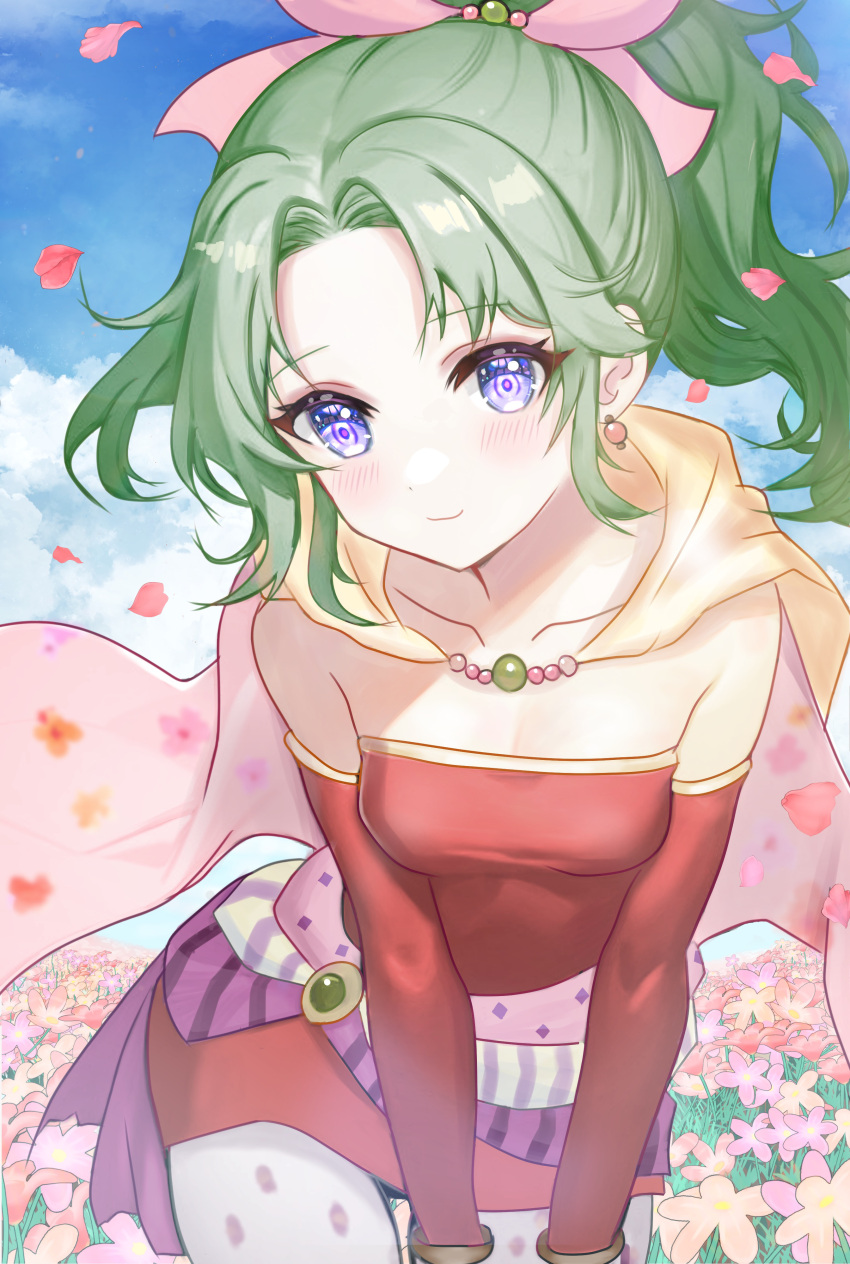 1girl absurdres bare_shoulders blue_sky breasts cape detached_sleeves dress earrings eyelashes final_fantasy final_fantasy_vi flower green_hair highres jewelry long_hair looking_at_viewer petals ponytail purple_eyes red_dress sky small_breasts smile solo strapless strapless_dress terra_branford yua_666666
