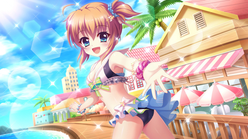 1girl :d ahoge ass bikini bikini_skirt blue_bikini blue_eyes blue_scrunchie blue_skirt blue_sky boardwalk bow bracelet breasts brown_hair building chair cleavage cloud coconut_tree day dot_nose dutch_angle film_grain from_behind game_cg green_bow hair_ornament hair_ribbon hair_scrunchie hairclip izumi_tsubasu jewelry lens_flare looking_at_viewer looking_back non-circular_lens_flare non-web_source ocean official_art open_mouth outdoors palm_tree pink_ribbon pink_scrunchie re:stage! reaching reaching_towards_viewer ribbon scrunchie shikimiya_mana short_hair short_twintails sidelocks skirt sky small_breasts smile solo sparkle star_(symbol) sun swimsuit table tree twintails umbrella wrist_scrunchie