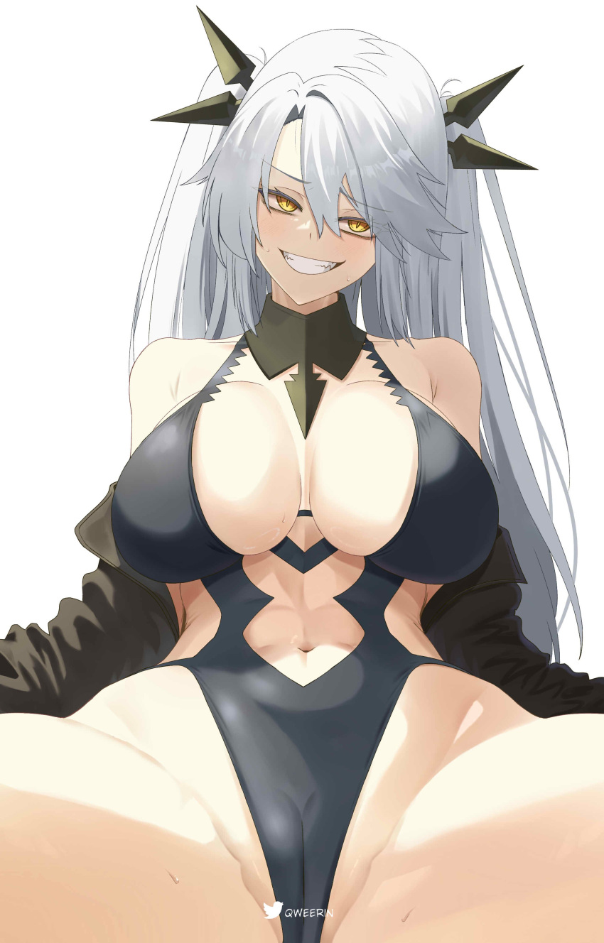 1girl absurdres arbiter_the_hermit_ix_(azur_lane) azur_lane bare_shoulders bikini black_bikini black_horns black_jacket breasts cameltoe commission evil_grin evil_smile grin hair_between_eyes highres horns jacket large_breasts light_blush long_hair looking_at_viewer navel open_mouth qweerin simple_background siren_(azur_lane) slit_pupils smile solo spread_legs stomach swept_bangs swimsuit twitter_username white_background white_hair yellow_eyes