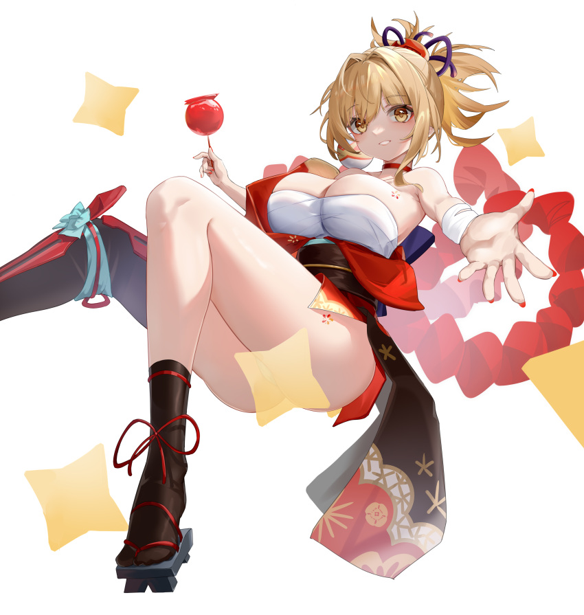 1girl absurdres bare_shoulders black_socks blonde_hair breasts candy_apple choker cleavage commentary_request food freeeeeeeeeee genshin_impact geta grin hair_intakes highres holding holding_food japanese_clothes kimono large_breasts looking_at_viewer ponytail reaching reaching_towards_viewer red_choker red_kimono short_hair smile socks solo strapless thighs tube_top white_background yellow_eyes yoimiya_(genshin_impact)