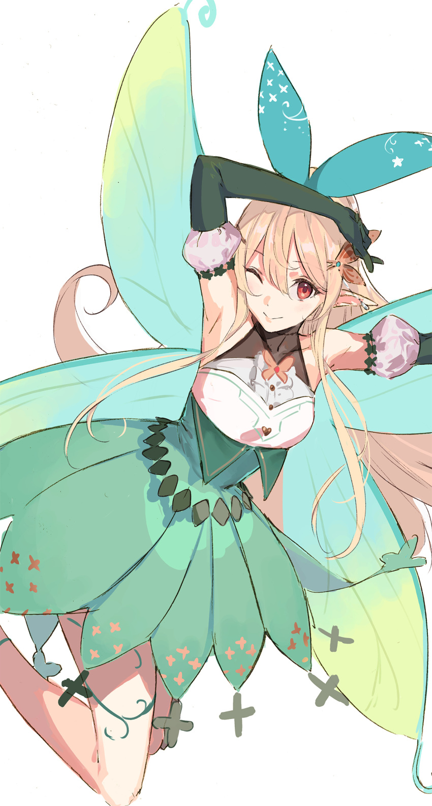 1girl absurdres blonde_hair closed_mouth dress elbow_gloves fairy fairy_wings gloves green_dress green_gloves green_ribbon green_skirt hair_between_eyes hair_ornament hair_ribbon highres long_hair looking_at_viewer nijisanji nijisanji_en one_eye_closed pako_(pakosun) pointy_ears pomu_rainpuff pomu_rainpuff_(1st_costume) red_eyes ribbon simple_background sketch skirt smile solo virtual_youtuber white_background wings