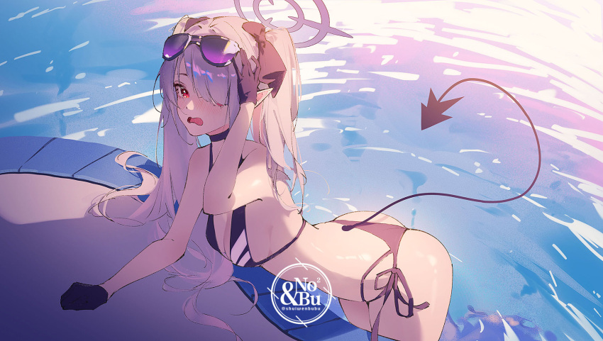 1girl ass bikini black_bikini black_gloves black_tail blue_archive blush breasts cowboy_shot dark-skinned_female dark_skin demon_tail eyewear_on_head gloves grey_hair hair_over_one_eye halo highres iori_(blue_archive) iori_(swimsuit)_(blue_archive) j_fang long_hair open_mouth pointy_ears purple_halo red_eyes small_breasts solo sunglasses swimsuit tail twintails