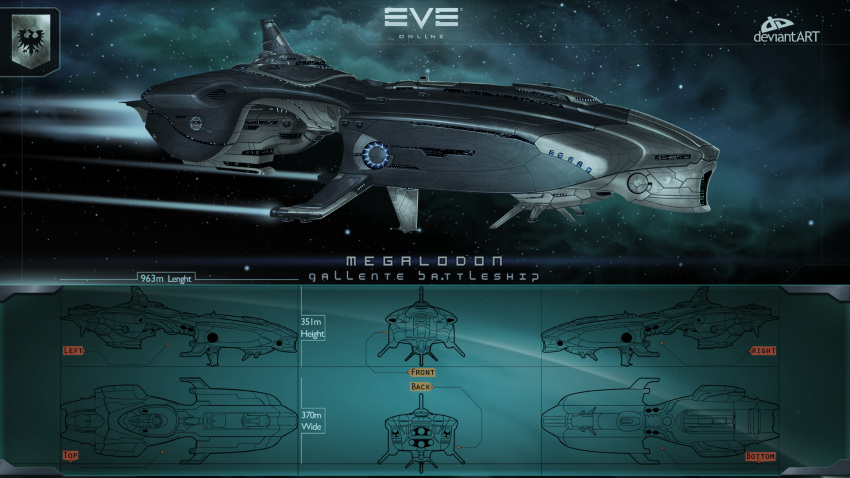 aqua_theme atilgan_asikuzun battleship_(eve_online) commentary concept_art copyright_name emblem eve_online flying from_side gallente_federation_(eve_online) glowing highres hitotsuki_nebura logo maya_(medium) military_vehicle multiple_views no_humans original outdoors photoshop_(medium) realistic reference_sheet science_fiction sky space spacecraft star_(sky) starry_sky thrusters vehicle_focus