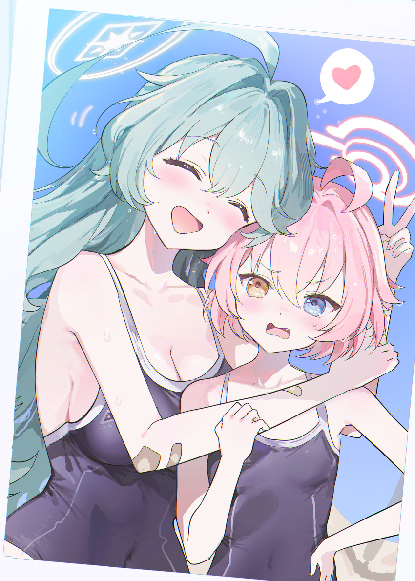 0202ase 2girls absurdres abydos_high_school_swimsuit ahoge bandaid black_one-piece_swimsuit blue_archive blue_eyes blush breasts cleavage closed_eyes collarbone fang green_hair hair_between_eyes halo heart heterochromia highres hoshino_(blue_archive) hoshino_(young)_(blue_archive) large_breasts long_hair multiple_girls one-piece_swimsuit open_mouth pink_hair pink_halo school_swimsuit short_hair small_breasts smile spoken_heart swimsuit yellow_eyes yellow_halo yume_(blue_archive)