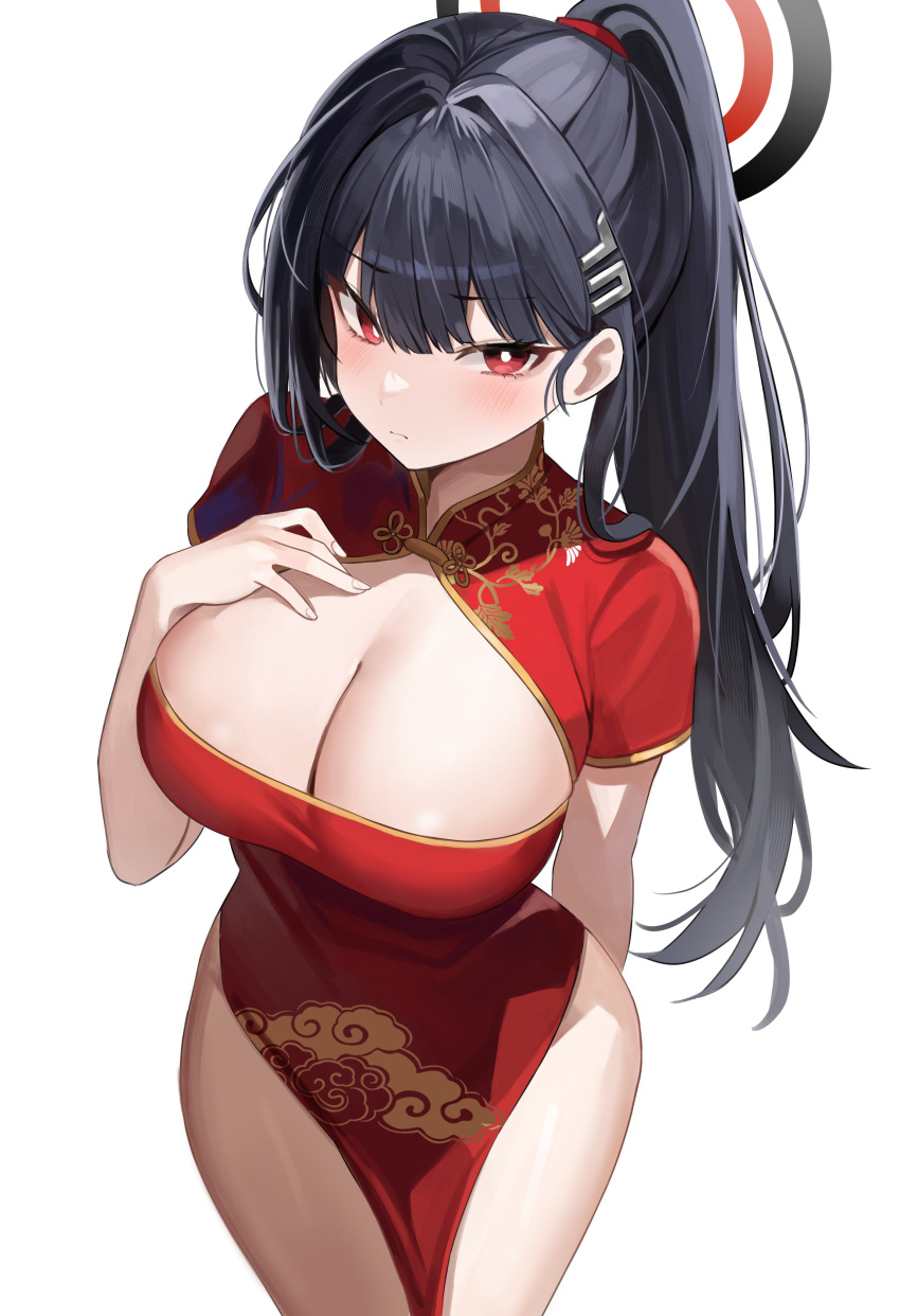 1girl absurdres alternate_costume alternate_hairstyle black_hair blue_archive blush breasts china_dress chinese_clothes cleavage_cutout clothing_cutout cloud_print commentary dress halo hand_on_own_chest highres large_breasts looking_at_viewer nannung pelvic_curtain red_dress red_eyes revision rio_(blue_archive) short_sleeves simple_background solo white_background
