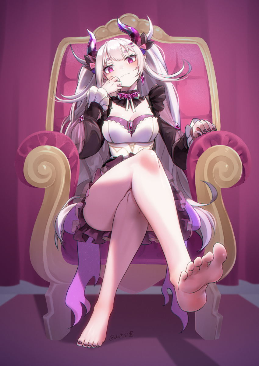 1girl artist_name bare_legs barefoot breasts cleavage closed_mouth crossed_legs dress earrings eyelashes feet foreshortening frilled_dress frills full_body grey_hair hair_ornament hands_up highres horns indie_virtual_youtuber jewelry large_breasts legs long_hair looking_at_viewer nail_polish pointy_ears puffy_sleeves purple_background purple_eyes purple_nails rhodeia_(vtuber) shadow short_eyebrows sitting smile soles solo toenail_polish toenails toes very_long_hair virtual_youtuber yamauchi_(conan-comy)