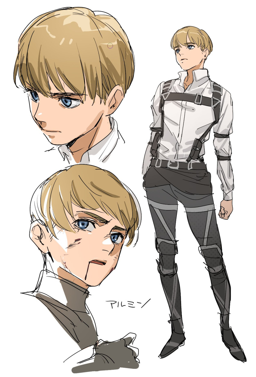 1boy armin_arlert black_footwear black_pants blonde_hair blood blood_on_face blue_eyes boots character_name chest_harness full_body hair_behind_ear harness highres knee_boots long_sleeves looking_down looking_up male_focus multiple_views open_mouth pants parted_lips shingeki_no_kyojin shirt simple_background standing thundergotch white_background white_shirt