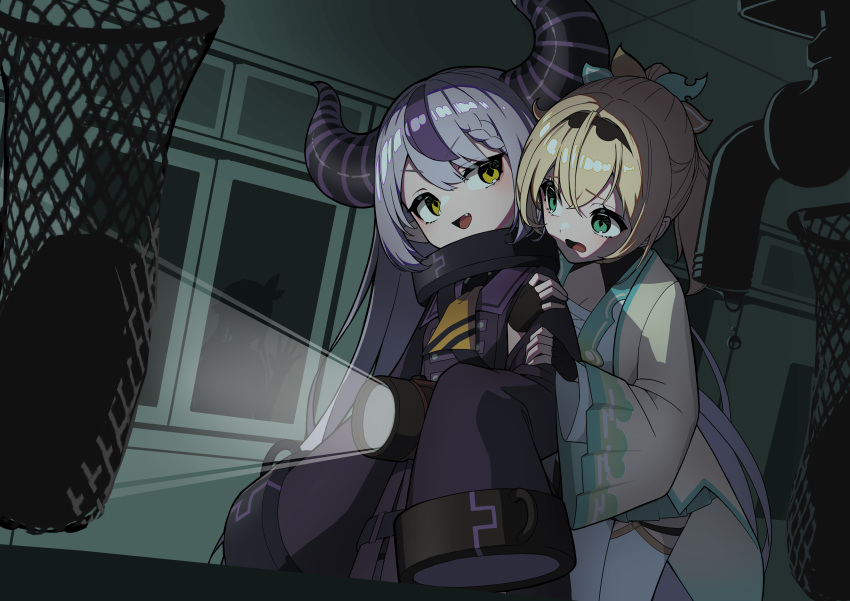 3girls absurdres arimoto_wataru arm_hug black_coat blonde_hair blue_skirt bow braid braided_bangs breasts chest_sarashi coat coat_dress collar double-parted_bangs egasumi flashlight green_eyes grey_hair hair_bow hakama hakama_short_skirt hakama_skirt hallway haori highres holding holding_flashlight hololive indoors japanese_clothes kazama_iroha kazama_iroha_(1st_costume) la+_darknesss la+_darknesss_(1st_costume) long_hair long_sleeves medium_hair metal_collar miniskirt multicolored_bow multicolored_hair multiple_girls pleated_skirt ponytail purple_hair sarashi skirt sleeves_past_fingers sleeves_past_wrists small_breasts streaked_hair thighhighs tokino_sora very_long_hair virtual_youtuber white_thighhighs yellow_eyes yellow_haori